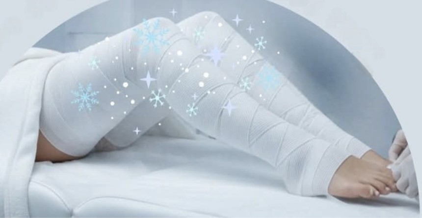 Un enveloppement cryo : les jambes dans des bandes froides